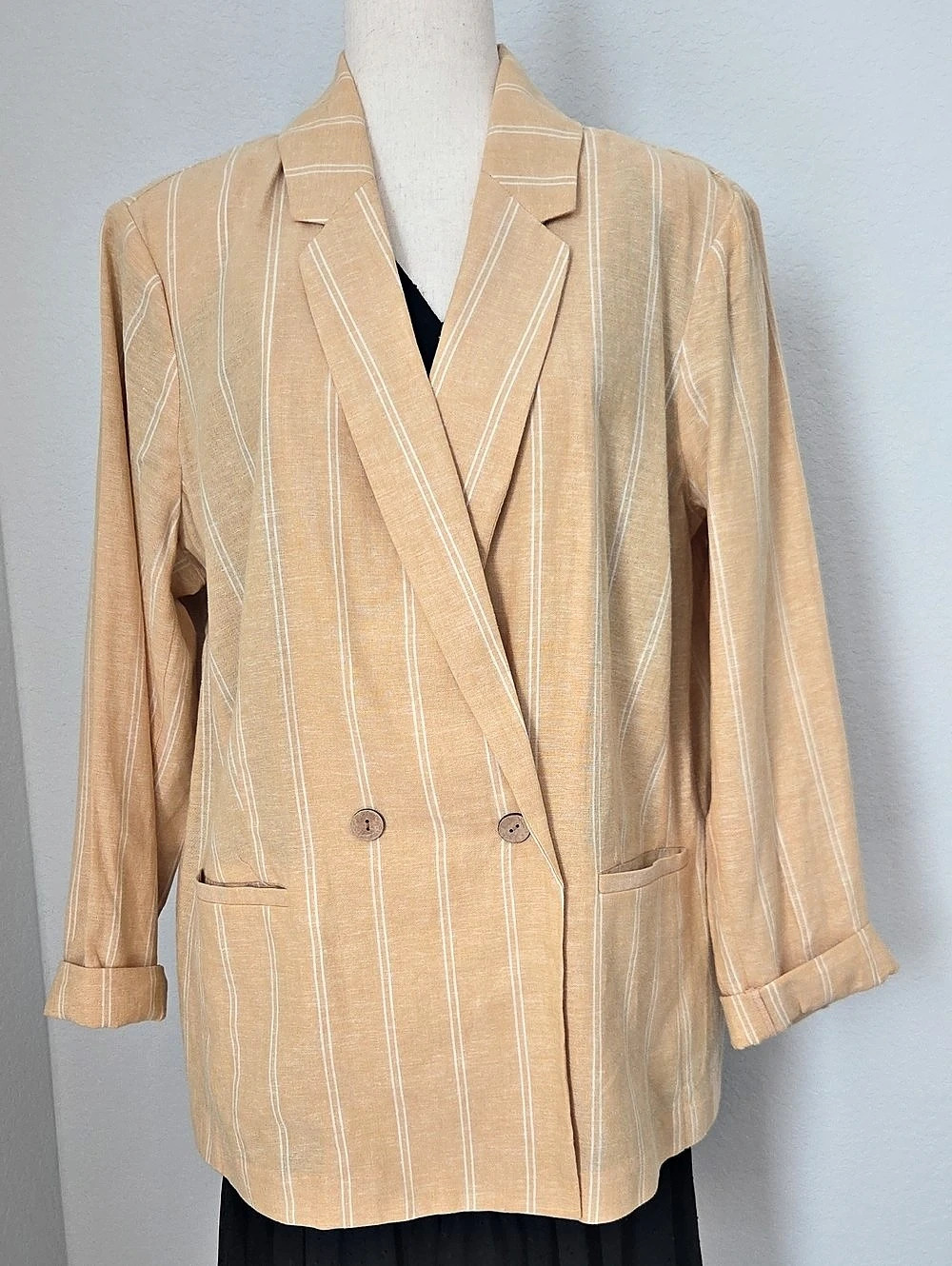 Lauren Conrad Striped Linen-Blend Blazer Jacket Yellowish Beige Tan Size XXL